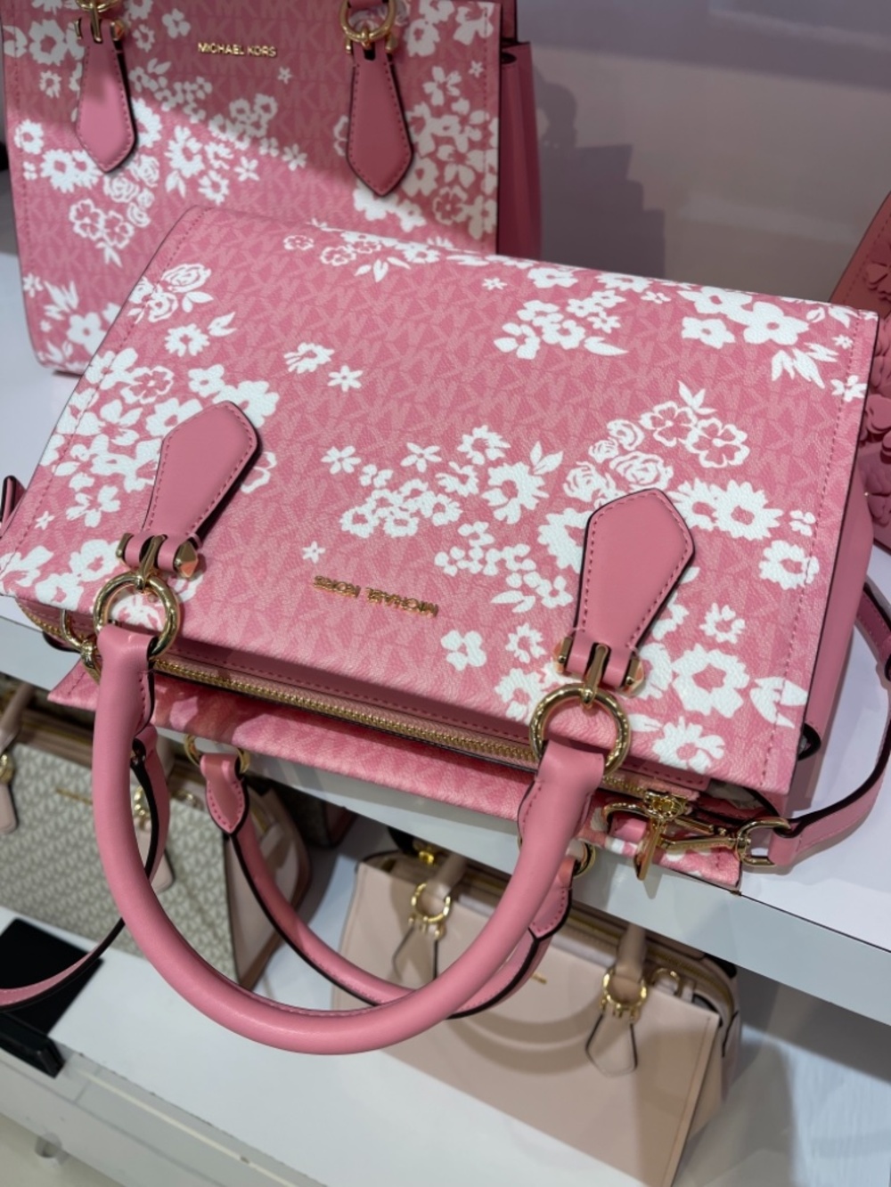 MICHAEL KORS Marilyn Medium Printed Signature Logo Satchel Crossbody Carnation - Picture 11 of 16
